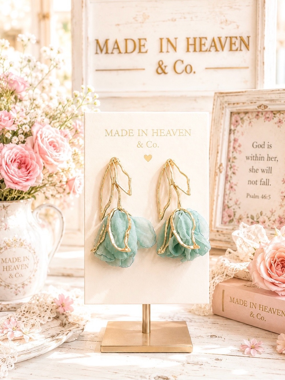 Aqua Floral Drop Earrings with Gold Accents